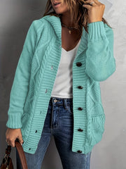 Solid Button Up Cable Long Sleeve Hooded Cardigan With Pockets