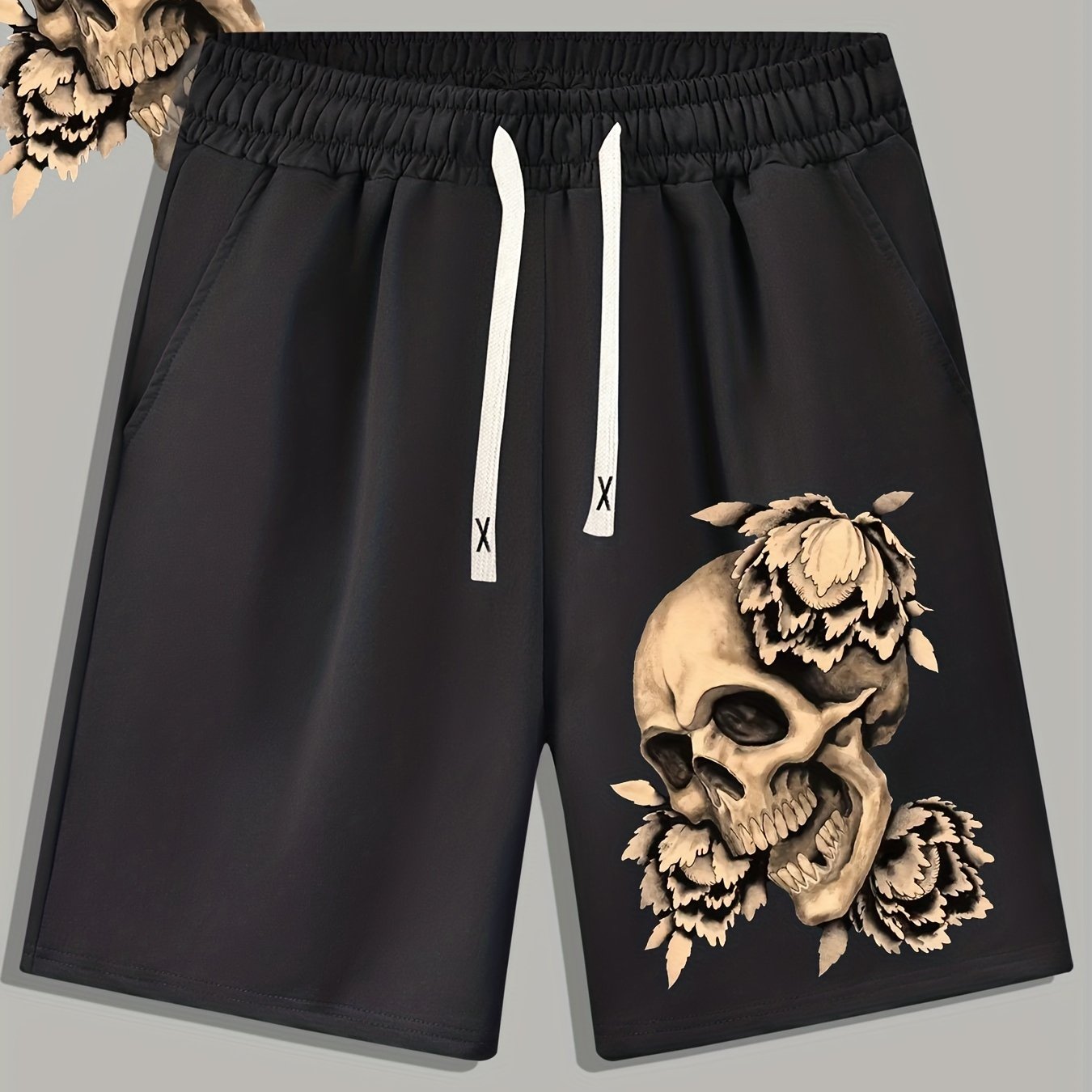 Skull & Flower Print Men's Casual Drawstring Shorts