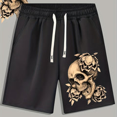 Skull & Flower Print Men's Casual Drawstring Shorts