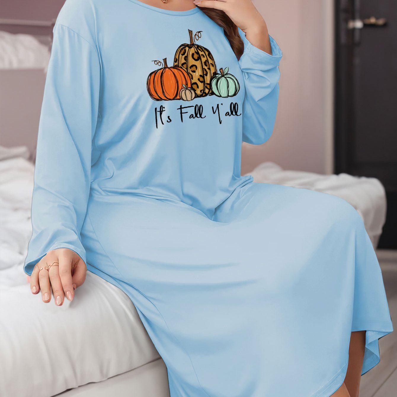 Halloween Lounge Dress Women's Plus Slogan & Pumpkin Print Long Sleeve