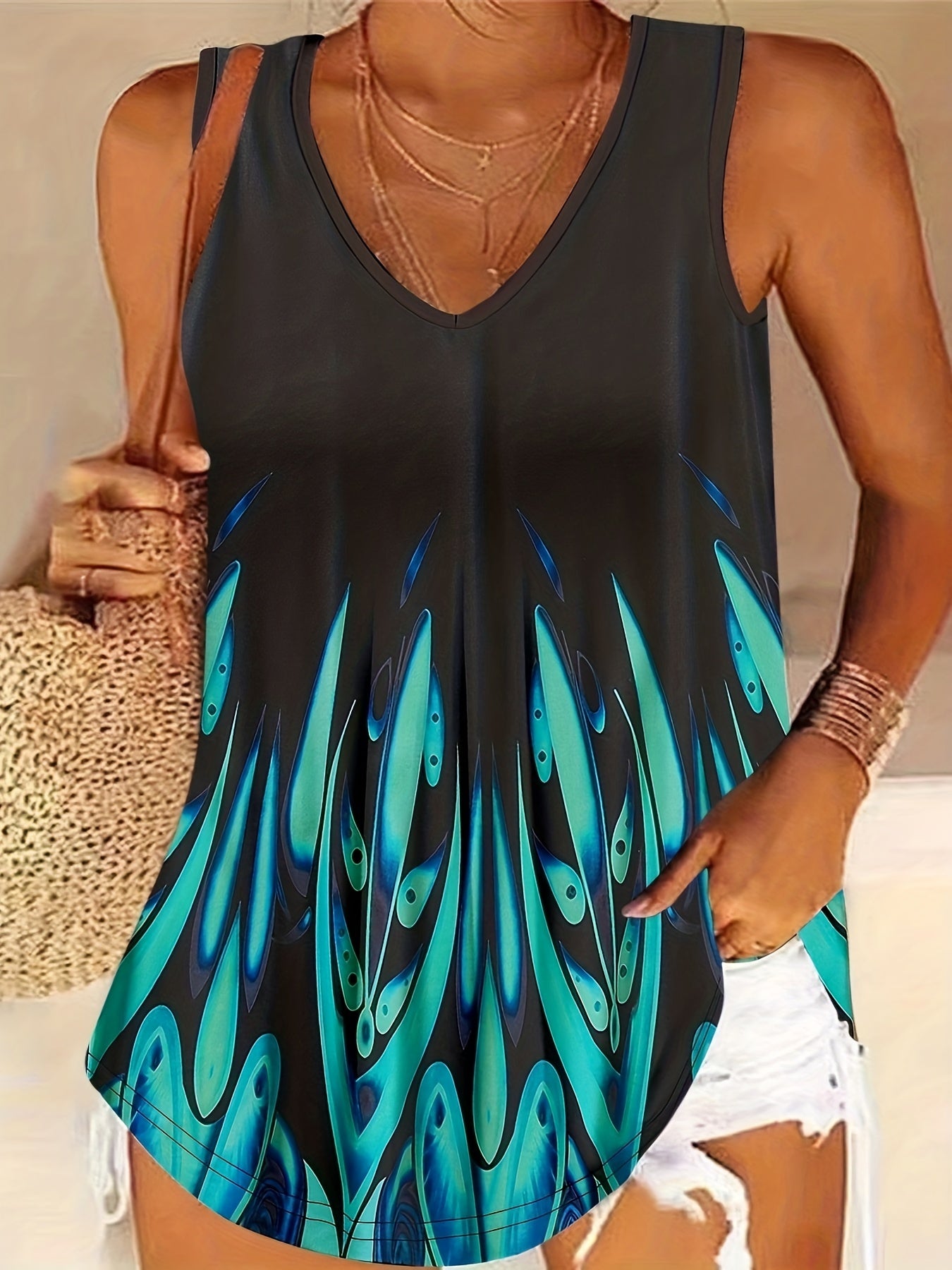 Graphic Print Tank Top Sleeveless V Neck Summer Top Women's Clothing