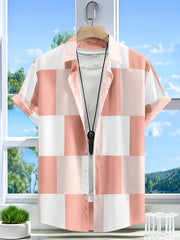 Grid Pattern Men's Short Sleeve Shirt - Summer Casual Button Up