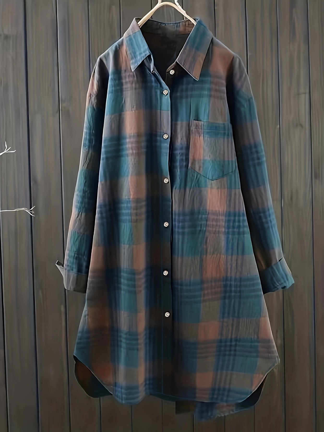 Plaid Print Button Up Roll Up Sleeve Turn Down Collar Blouse