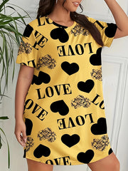 Heart & Letter Print Lounge Dress Short Sleeve Tee Nightdress