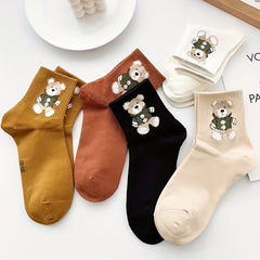 5 Pairs Cartoon Bear Print Socks Women's Stockings