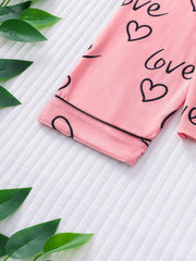 Heart Print Pajama Set Long Sleeve Buttons Top & Pants Women's Sleepwear