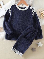 Girl's Fleece Pajama Set Lace Decor Long Sleeve Top & Pants
