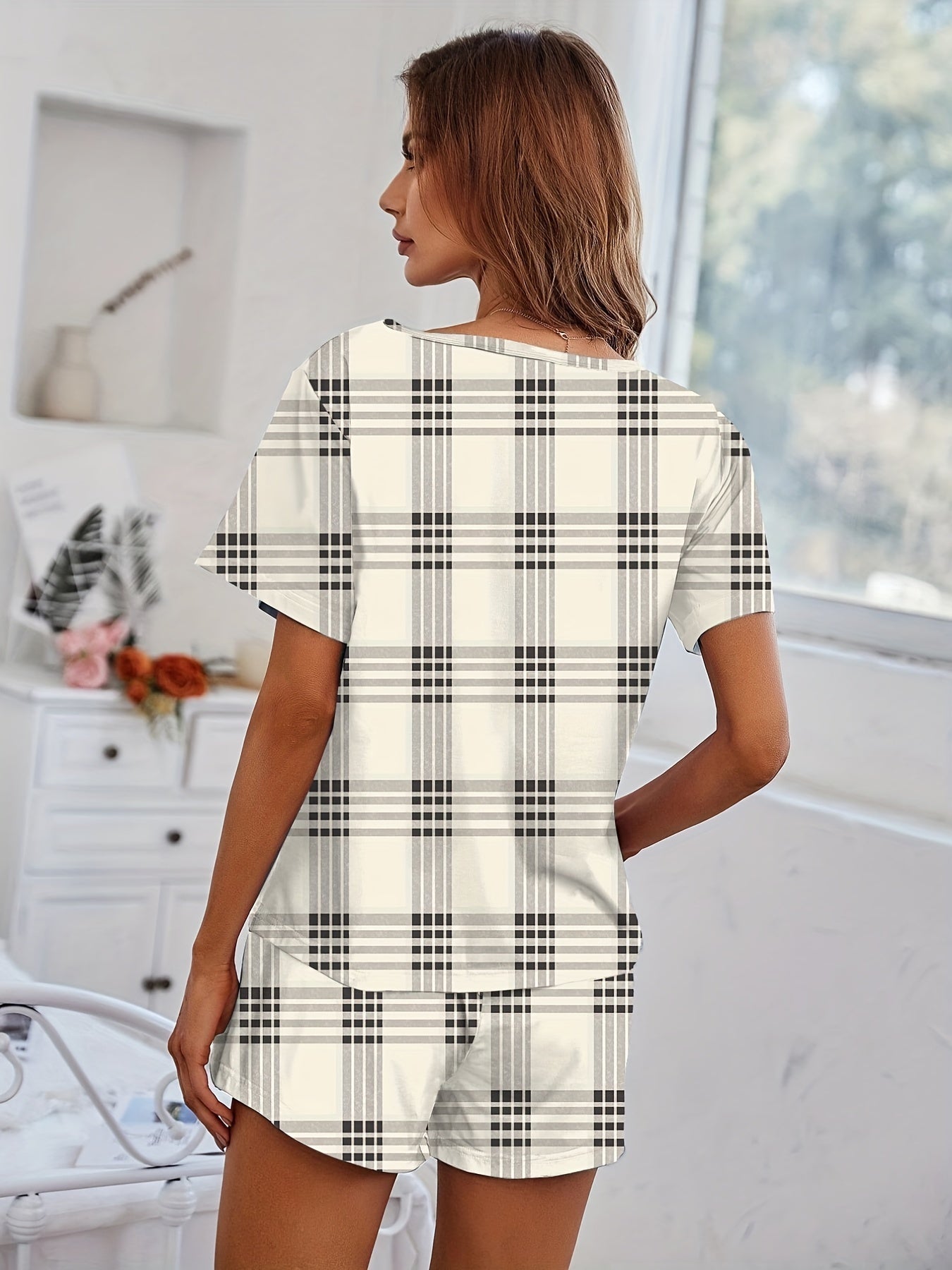 Plaid Pajama Set Crew Neck Top & Shorts Women's Sleepwear