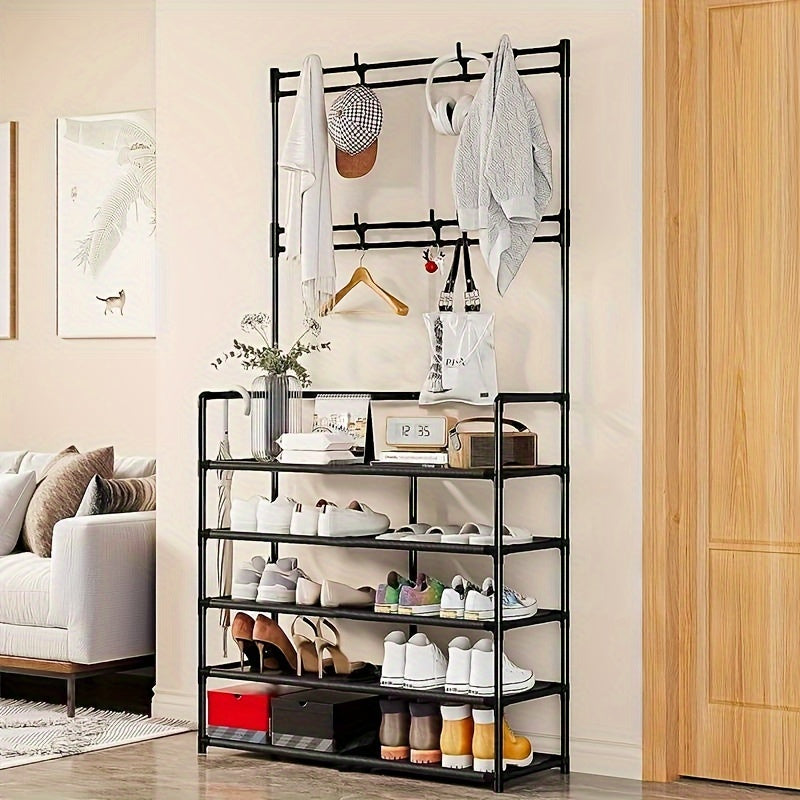 Carbon Steel Storage Rack w/ Hooks & Shoe Shelf, Standing Clothes Organizer
