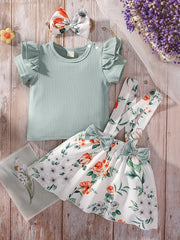 3pcs Baby Girls Casual T shirt & Floral Suspender Skirt Set