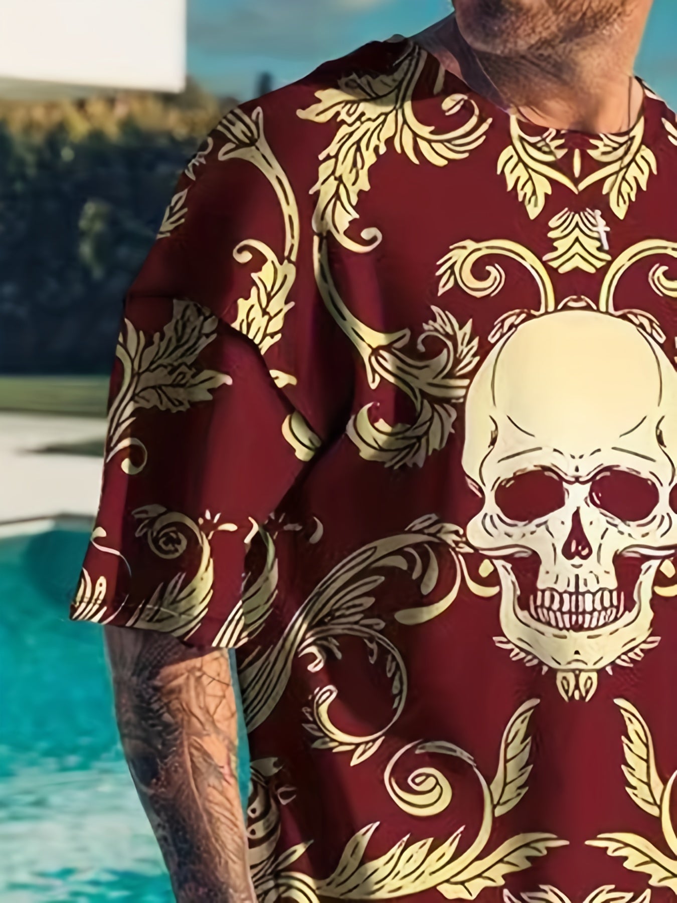 Men's Casual Floral Skull T shirt & Stretch Shorts For Outdoor