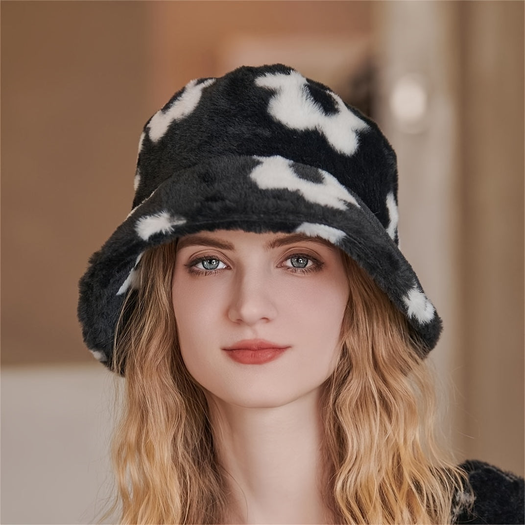 Winter Faux Fur Bucket Hat Flowers Floral Fluffy Fisherman Caps For Women