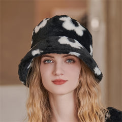 Winter Faux Fur Bucket Hat Flowers Floral Fluffy Fisherman Caps For Women