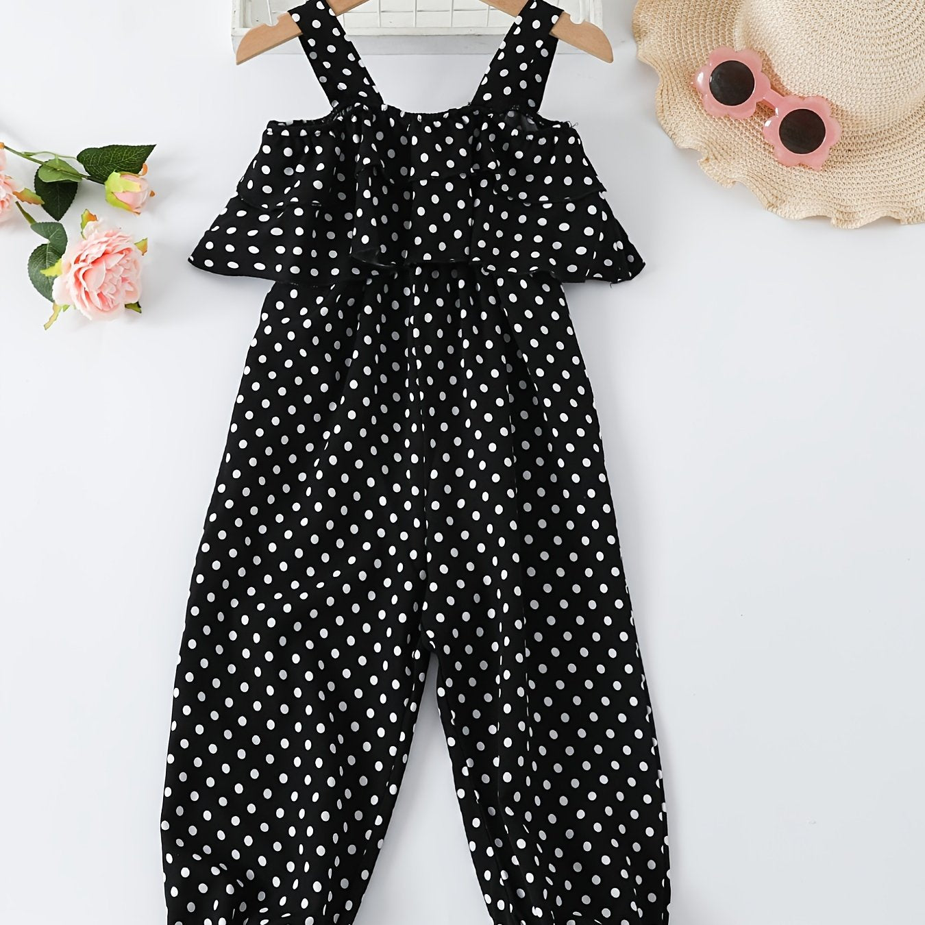 Girls Polka Dot Print Ruffled Suspender Jumpsuit