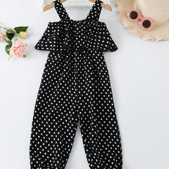 Girls Polka Dot Print Ruffled Suspender Jumpsuit