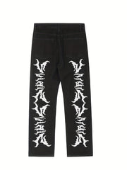 Hip Hop All Over Print Wide Straight Leg Jeans Men's Casual Denim Pants