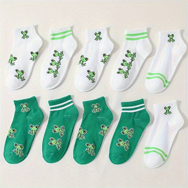 10 Pairs Cartoon Frog Print Socks - Women's Comfy Short Stockings
