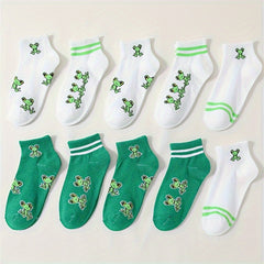 10 Pairs Cartoon Frog Print Socks - Women's Comfy Short Stockings