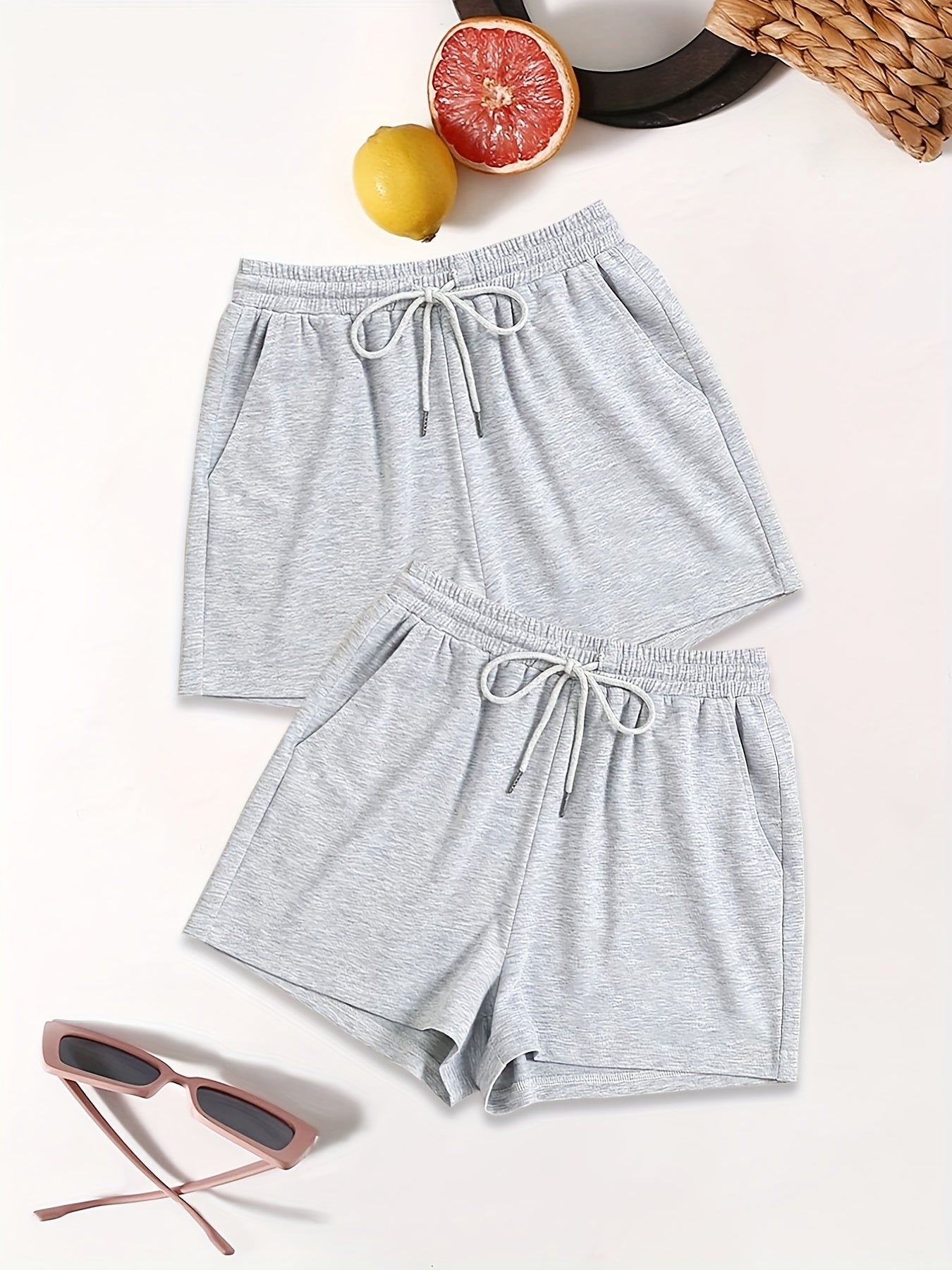 Drawstring Solid Shorts 2 Pack Casual Elastic Waist Workout Shorts Women's Cloth