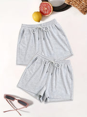 Drawstring Solid Shorts 2 Pack Casual Elastic Waist Workout Shorts Women's Cloth