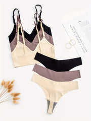 3 Sets Seamless Bra & Panties Solid Stretch Bralette & Thong Panties Set