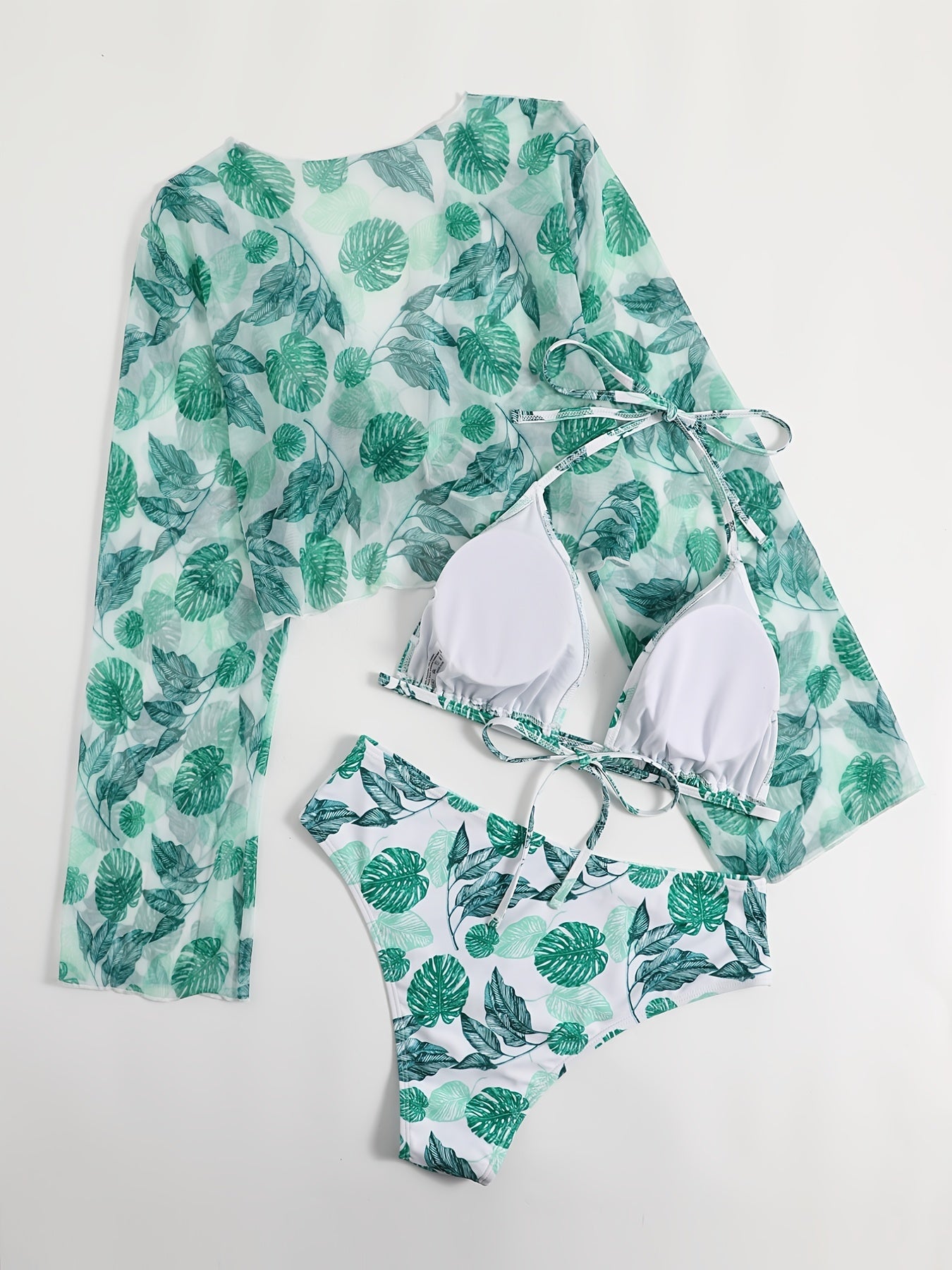 3pcs Floral Print Bikini Set Plus Size with Cover Up Tops Women's Vacation Swims