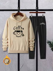 Men's Coffee Cup Print 2Pcs Outfits Crew Neck Long Sleeve T Shirt Hoodie & Sweat