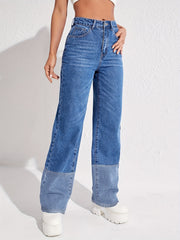 Colorblock Slash Pockets High Waist Baggy Denim Pants