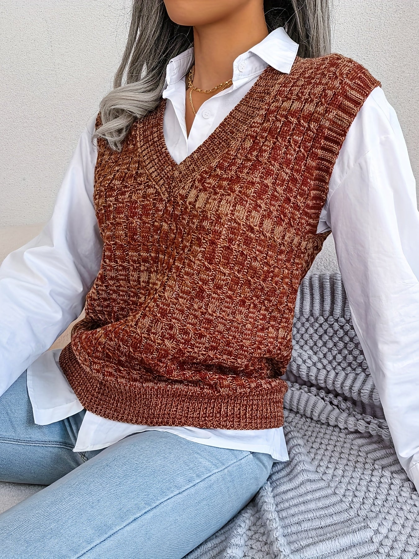 Women's V Neck Sleeveless Knitted Vest Casual Top