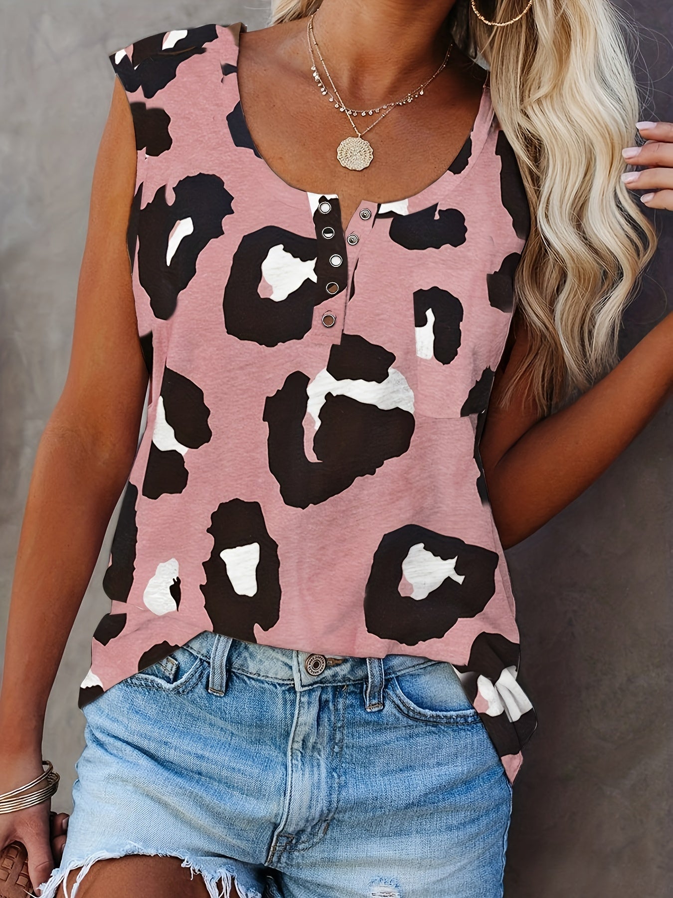 Leopard Print Crew Neck Tank Top Women's Sleeveless Summer Casual Top