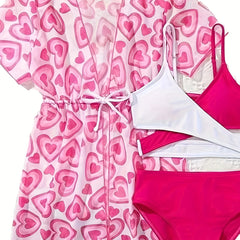 Sweet Heart Graphic Cover Up Splicing Cami Top Briefs Set