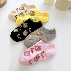 5pairs Girls Kids Bear Pattern Ankle Socks Breathable Low Cut Boat Socks