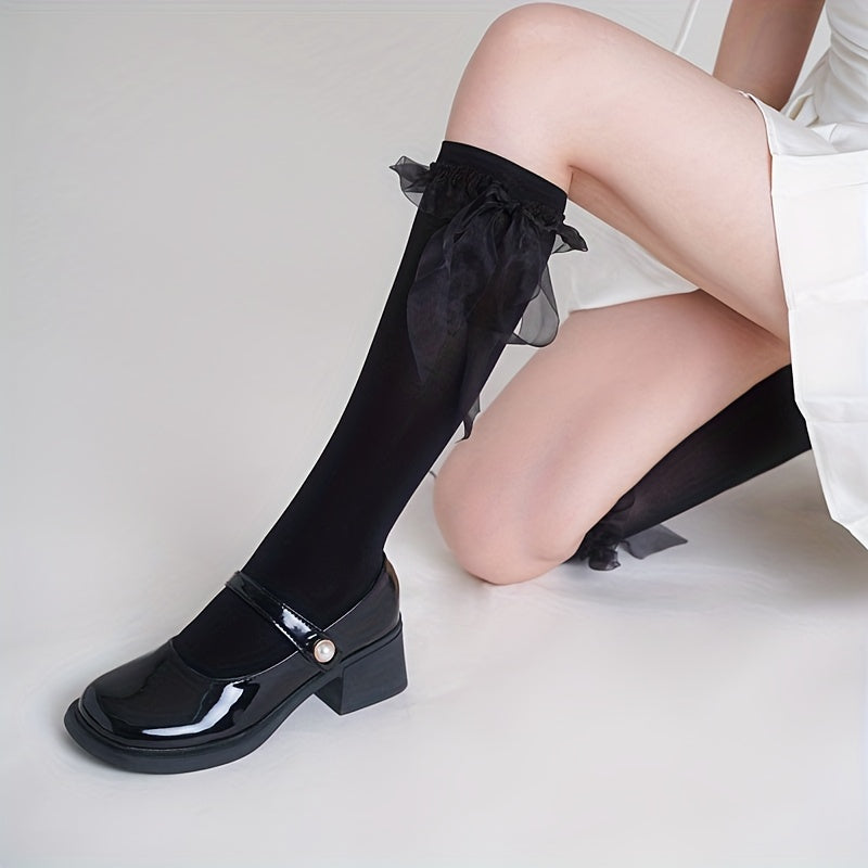 Bow Lace Trim Calf Socks Knee High Socks Women's Stockings