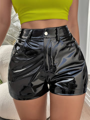 Solid PU Leather Pocket Shorts for Women