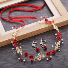Red Crystal Hairband Princess Flower Earrings Bridal Wedding Queen Crowns