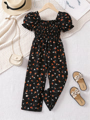 Girls Floral Puff Sleeve Romper, One Shoulder