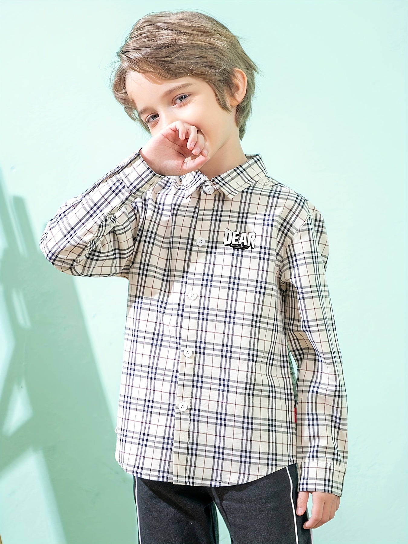 Boys Letter Print Plaid Shirts Button Down Tops Spring Fall Outwear Jacket