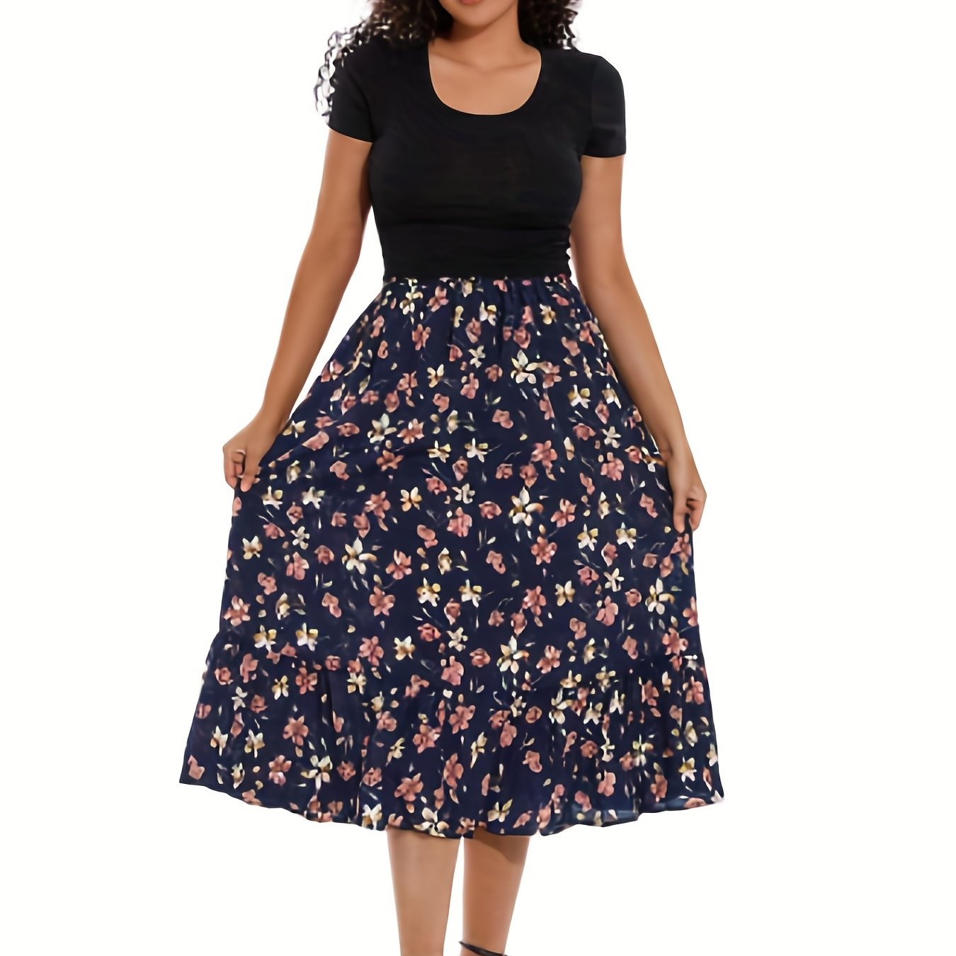Boho Maxi Skirt Plus Ditsy Floral Print High Rise Pleated Maxi Skirt