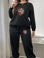 Women's Plus Owl & Tree Print Fleece Pullover & Joggers Set