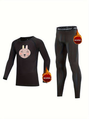 2pcs Kids Compression Fleece Sets Cartoon Pattern Pullover Elastic Waist Pants