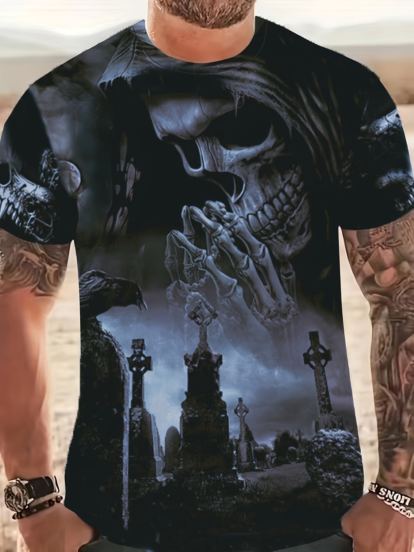 Men's 3D Skull & Tomb Tee for Summer Outdoor Activities
