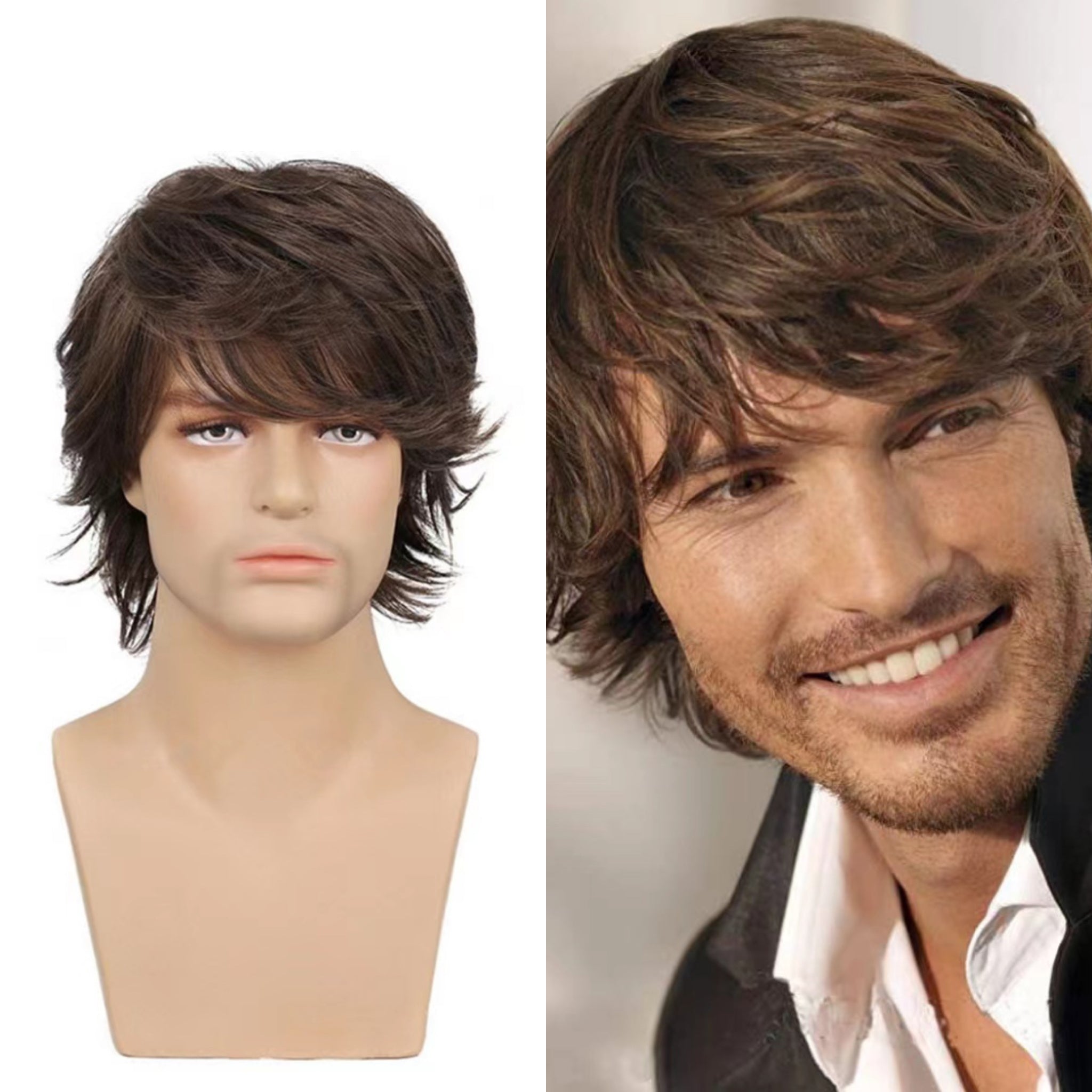 Men's Long Curly Wig Dark Brown Synthetic Fiber Hair Handsome