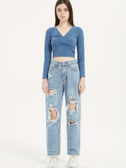 High Waist Ripped Straight Jeans Baggy Denim Pants
