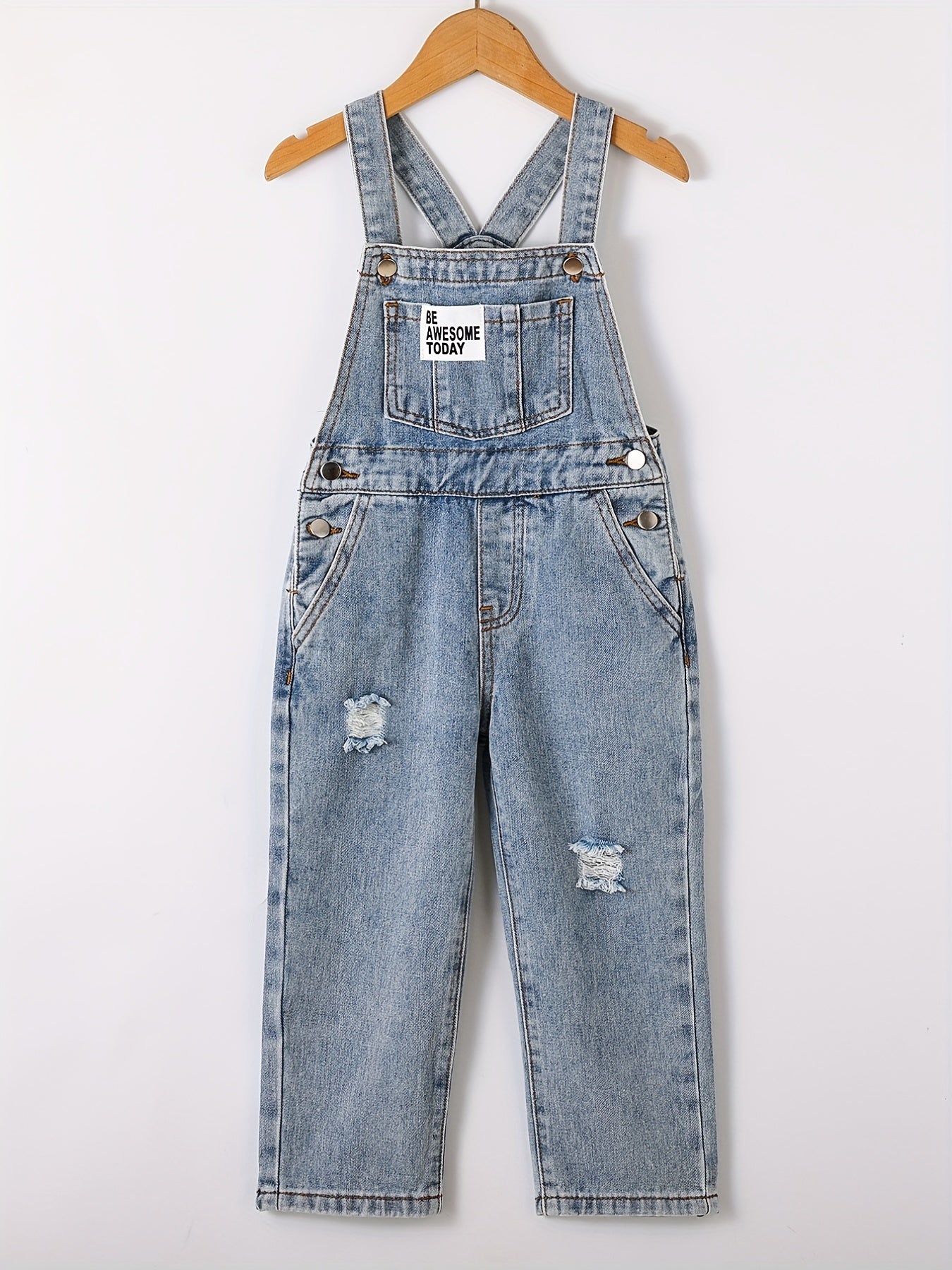 Boys Ripped Letter Print Denim Suspender Pants
