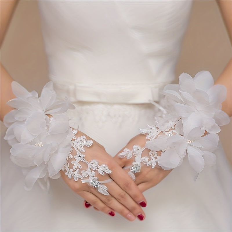 Red Bridal Gloves Short Flower Decorated