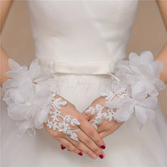 Red Bridal Gloves Short Flower Decorated