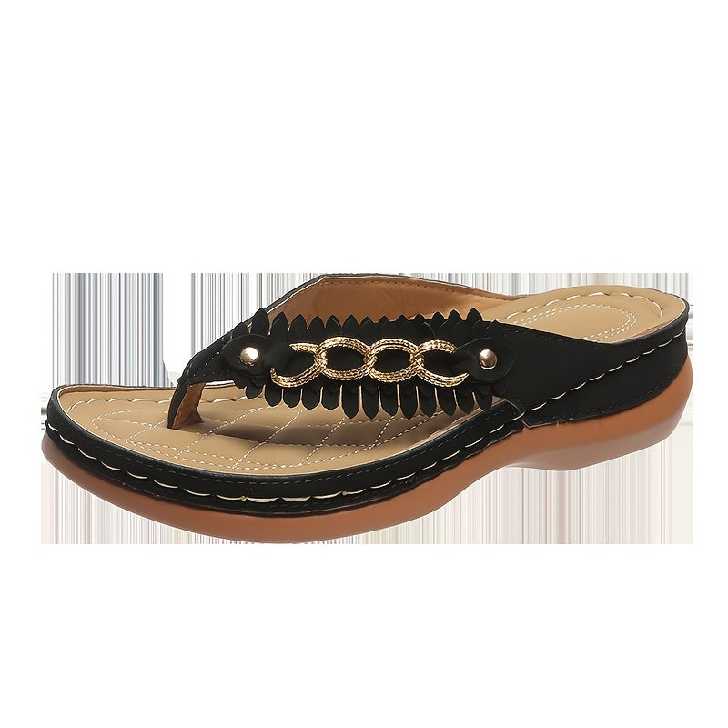 Women's Chain Decor Wedge Thong Sandals Slippers