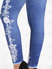 Floral Denim Print Leggings High Waist Seamless Long Length Leggings