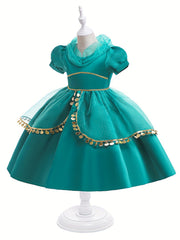 Girls Puff Sleeve Mesh Dress Costume for Performance Party