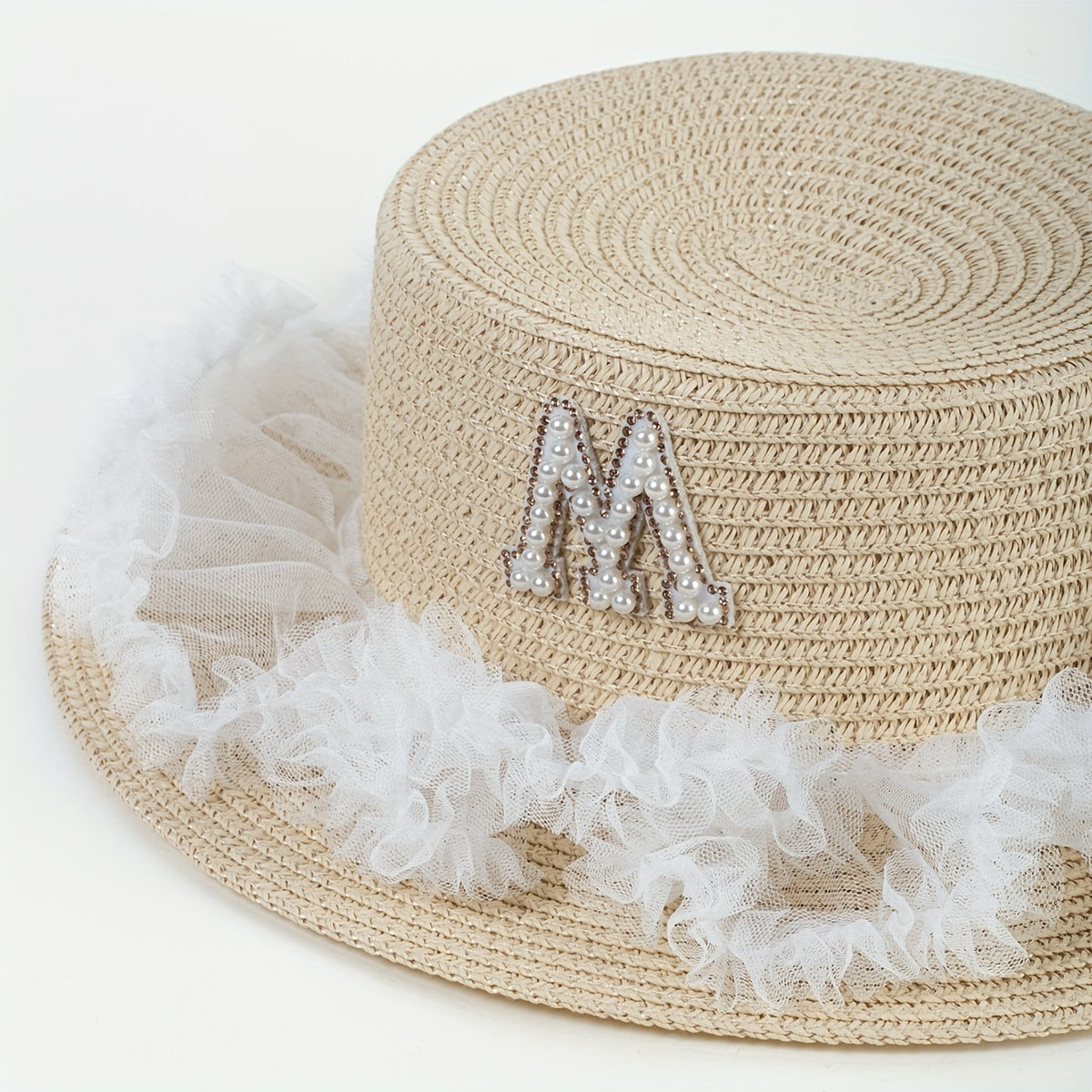 Khaki Lace Sun Hat with Faux Pearl M Detail